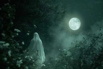 Une femme blanche marchant à la lueur de la pleine lune dans une forêt » IA générative - obrazy, fototapety, plakaty