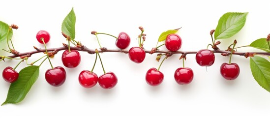 Fresh ripe red cherries on a tree branch with green leaves in a summer garden