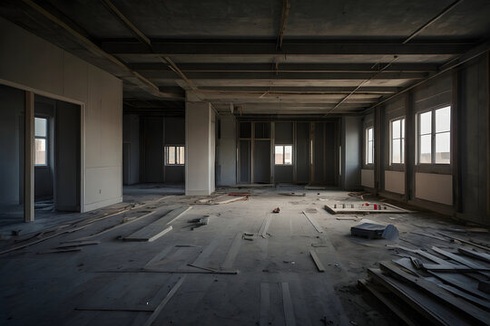Interior of an empty room in a building under construction with concrete floor. Generative AI