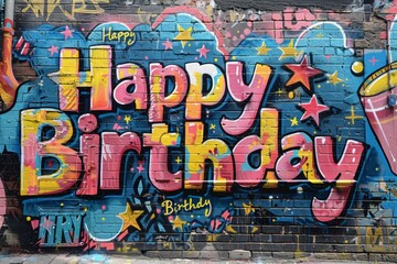 Lettering Happy Birthday. Street graffiti. Background with selective focus and copy space