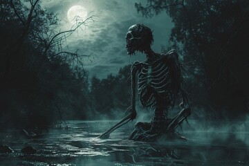 Squelette se baladant dans un étang un soir de pleine lune » IA générative - obrazy, fototapety, plakaty
