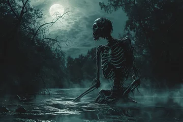 Fotobehang Squelette se baladant dans un étang un soir de pleine lune » IA générative © Maelgoa