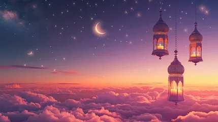 Foto op Canvas Decorated Arabic lanterns with burning candles floating above the clouds with a crescent moon and stars in the background, realistic, copy space - generative ai © Nia™