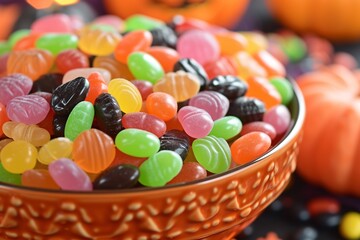 Fototapeta na wymiar Gros plan sur des bonbons de toutes les couleurs dans un bol orange » IA générative