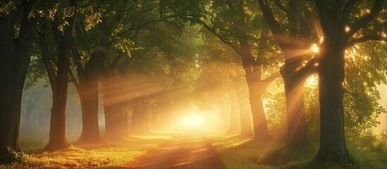A beam of sunlight filters through the dense forest, creating a glimmering mist as it illuminates the trees.