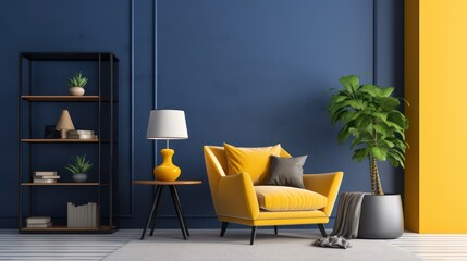 A minimalist room with a dark blue and yellow background, with soft furniture, a wooden table, a flower vase and a carpet.