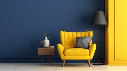 A minimalist room with a dark blue and yellow background, with soft furniture, a wooden table, a flower vase and a carpet.
