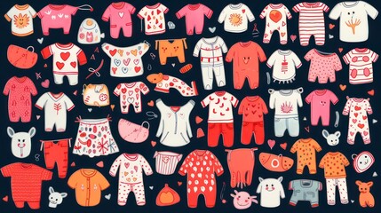 illustration of lined children's clothing motifs, with various models and colors.