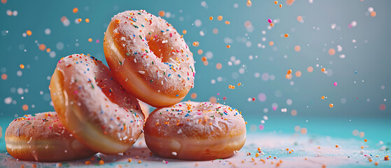 a pile of donuts with sprinkles on them sitting on a table with a blue background
