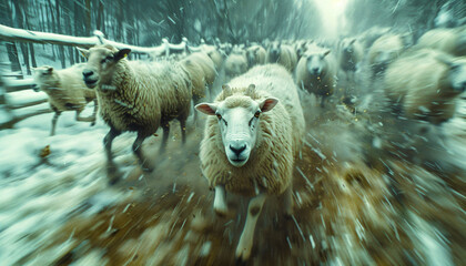 a running flock of sheep in a canyon