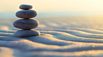 A serene Zen garden showcases carefully arranged rocks delicately balanced atop each other, set amidst a bed of fine white sand