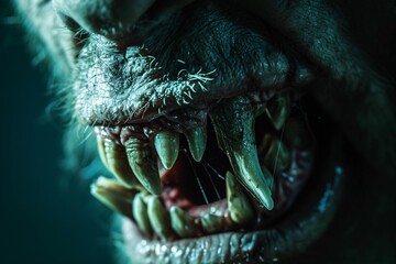 Fototapeta premium Gros plan sur les longues dents d'un ogre » IA générative