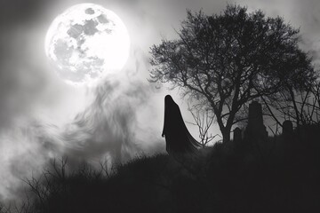 Esprit d'une femme sortant d'un cimetière une nuit de pleine lune » IA générative