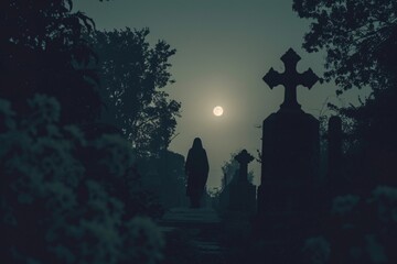 Silhouette mystérieuse dans la pénombre d'un cimetière » IA générative