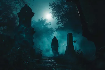Fotobehang Silhouette dans le brouillard d'un cimetière la nuit » IA générative © Maelgoa