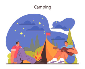 Camping concept. Peaceful night under the stars with friends, a cozy campfire, and music.