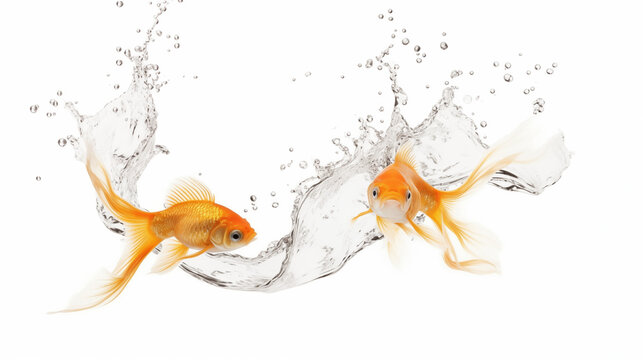 Dynamic wave of clear water flowing gracefully, two goldfish watching.