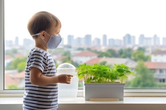 Boy in face mask attentively watering houseplants at home. Child Watering Indoor Plants - Powered by Adobe