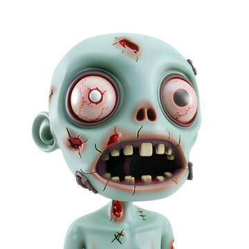 Ideal for Halloween: Scary 3D Render of a Simple Cartoon Zombie Head Character, Isolated on Transparent Background, PNG