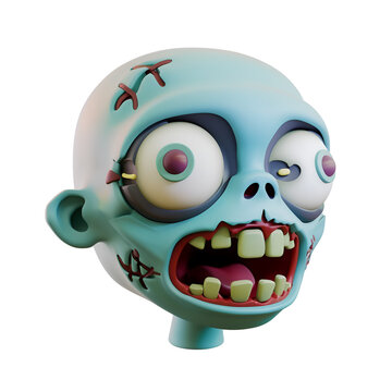 Zombie Head in 3D: A Simple Cartoon Render Ideal for Creating a Scary Halloween, Isolated on Transparent Background, PNG