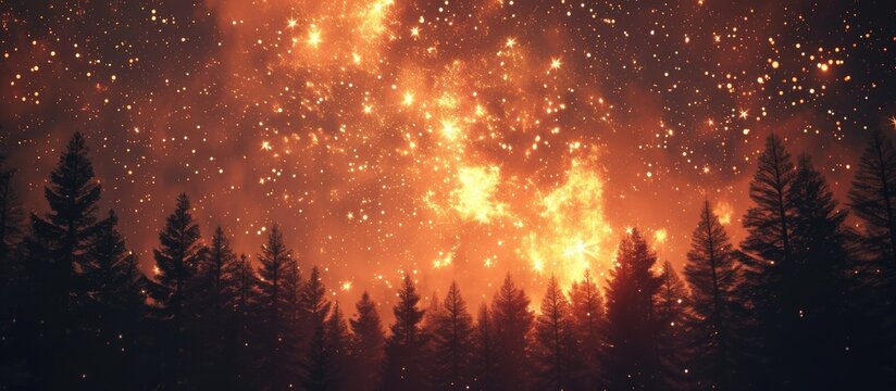 The image showcases a dense forest filled with towering pine trees under a star-filled sky. The vibrant stars above create a mesmerizing backdrop for the lush forest below.
