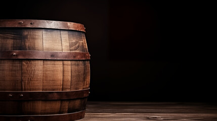 vintage wooden barrel on a dark background, copy space - obrazy, fototapety, plakaty