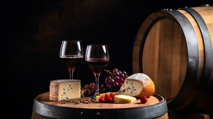 Vintage wooden barrel on a dark background, wines, glasses above, various cheese and bread, copy space