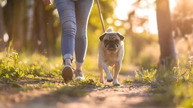 A woman is walking her dog in the park. She is old. The dog is a pug. Woman and dog walking side by side, photo can express friendship.