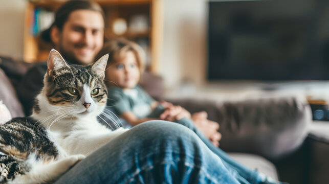 A family is sitting on the sofa with their cat. The cat may be a Siamese cat. The sofa may be in the living room. The family may sit together on the sofa. Photographs can express love.