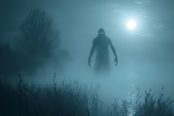 Une bête dans le brouillard d'un marais la nuit » IA générative - obrazy, fototapety, plakaty