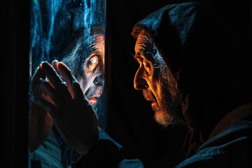 Un vieux sorcier se regardant dans un miroir magique » IA générative - obrazy, fototapety, plakaty