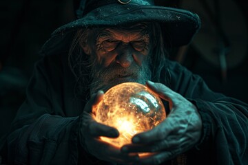 Vieux sorcier tenant une boule magique dans les mains » IA générative