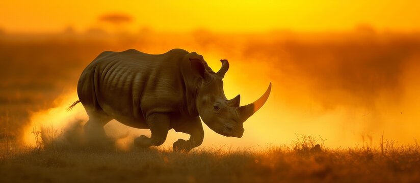 Majestic rhino walking through grass during golden sunset in the savannah