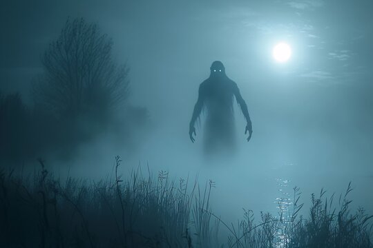 Une bête dans le brouillard d'un marais la nuit » IA générative