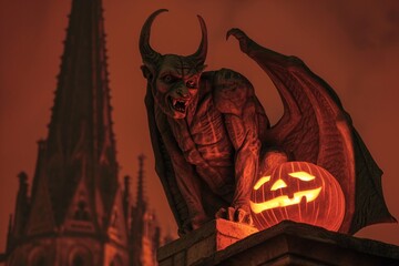 Gargouille en haut d'une église le jour d'halloween » IA générative