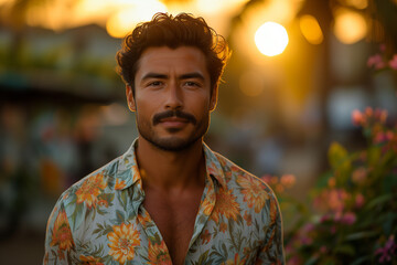 Obraz premium attractive latin man in a floral T-shirt in a garden during a summer sunset with the sun shining against the backlitght