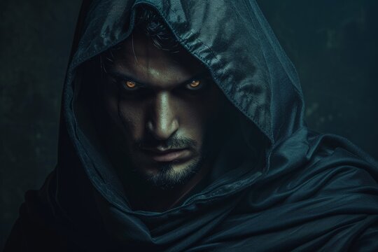 Portrait d'un jeune homme en tenu sombre avec un regard mal&eacute;fique &raquo; IA g&eacute;n&eacute;rative
