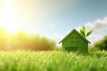 Green Eco House Concept on Sunny Lawn. Small green eco-friendly house icon with fresh leaves on a lush lawn, sustainability concept.