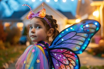 Jeune fille déguisée en papillon coloré la nuit d'Halloween » IA générative - obrazy, fototapety, plakaty