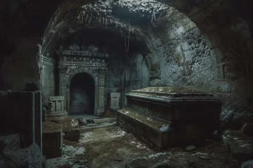 Fotobehang Une tombe dans la crypte d'un vieux château » IA générative © Maelgoa