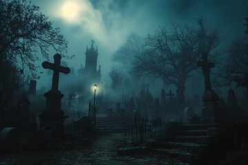 Vieux cimetière sombre la nuit » IA générative - obrazy, fototapety, plakaty