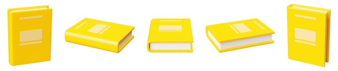 Close paper book with yellow hard cover lying and standing in different angles of view. 3d render