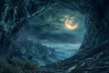 Paysage d'un monde obscur une nuit de pleine lune » IA générative - obrazy, fototapety, plakaty