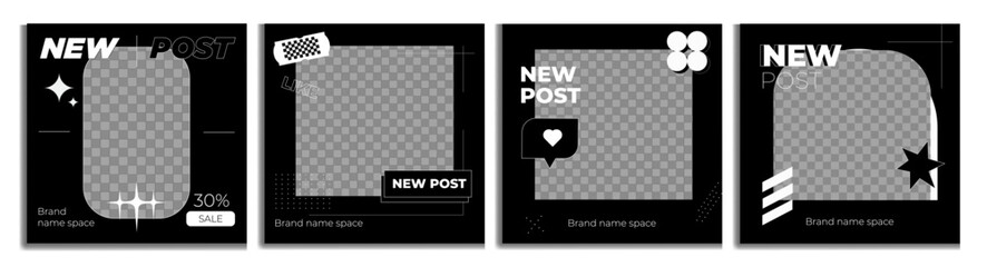 Set of vector Editable Instagram templates. Square posts for the social network with modern graphics. Black web banners with lines, dots, stars and likes. Trendy backgrounds for your brand or product.
