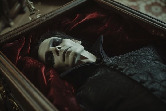 Gros plan sur un vampire endormi dans son cercueil &raquo; IA g&eacute;n&eacute;rative
