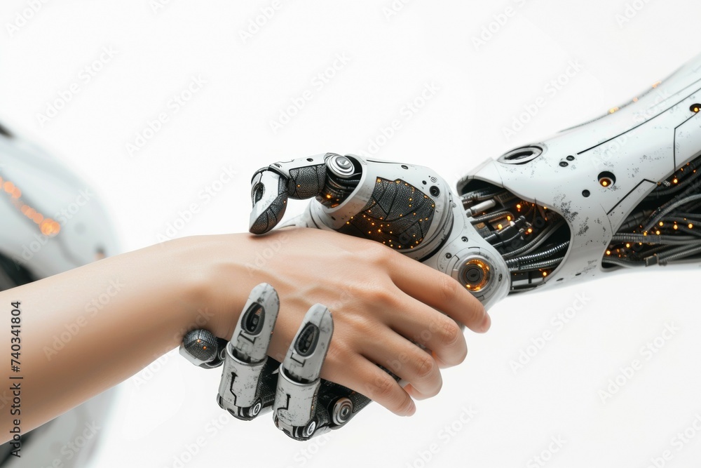 Poster the gentle touch of a human on a robot. backdrop with selective focus and copy space