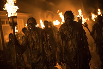 Une horde de zombies avec des torches la nuit » IA générative