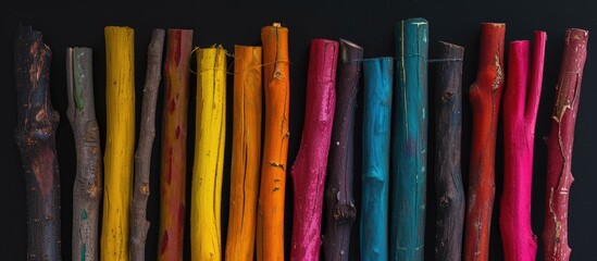 A group of sticks of various colors arranged neatly next to each other, standing upright against a black backdrop.