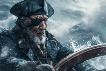 Portrait d'un vieux pirate sur une mer agitée » IA générative