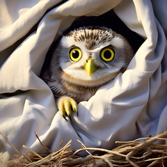 Owl in the nest. A small owl chick peeking out from the safety of its cozy nest, wide-eyed and curious about the world beyond. Generative AI.
